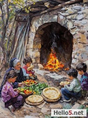 A Turkish mom eating bazlama with her 4 children on the front of the stove 🥰❤️🇹🇷